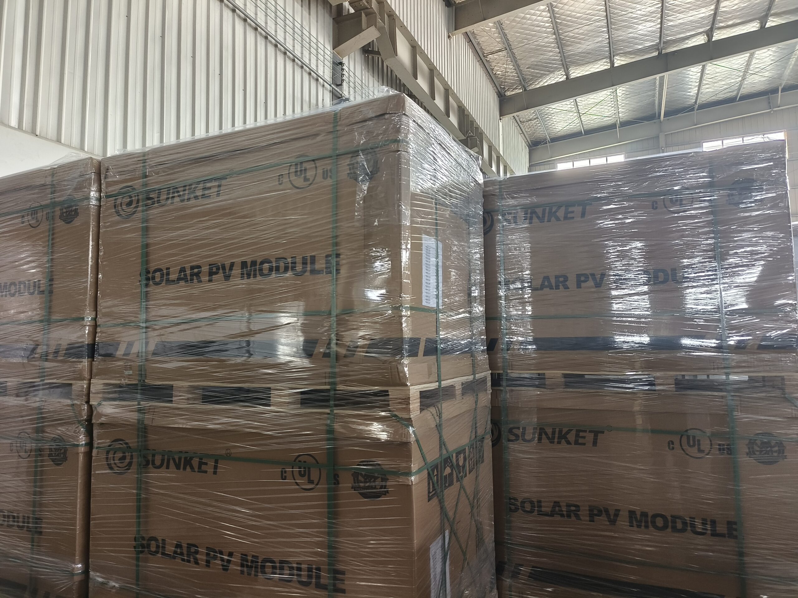 Wrapped equipment pallets in the warehouse